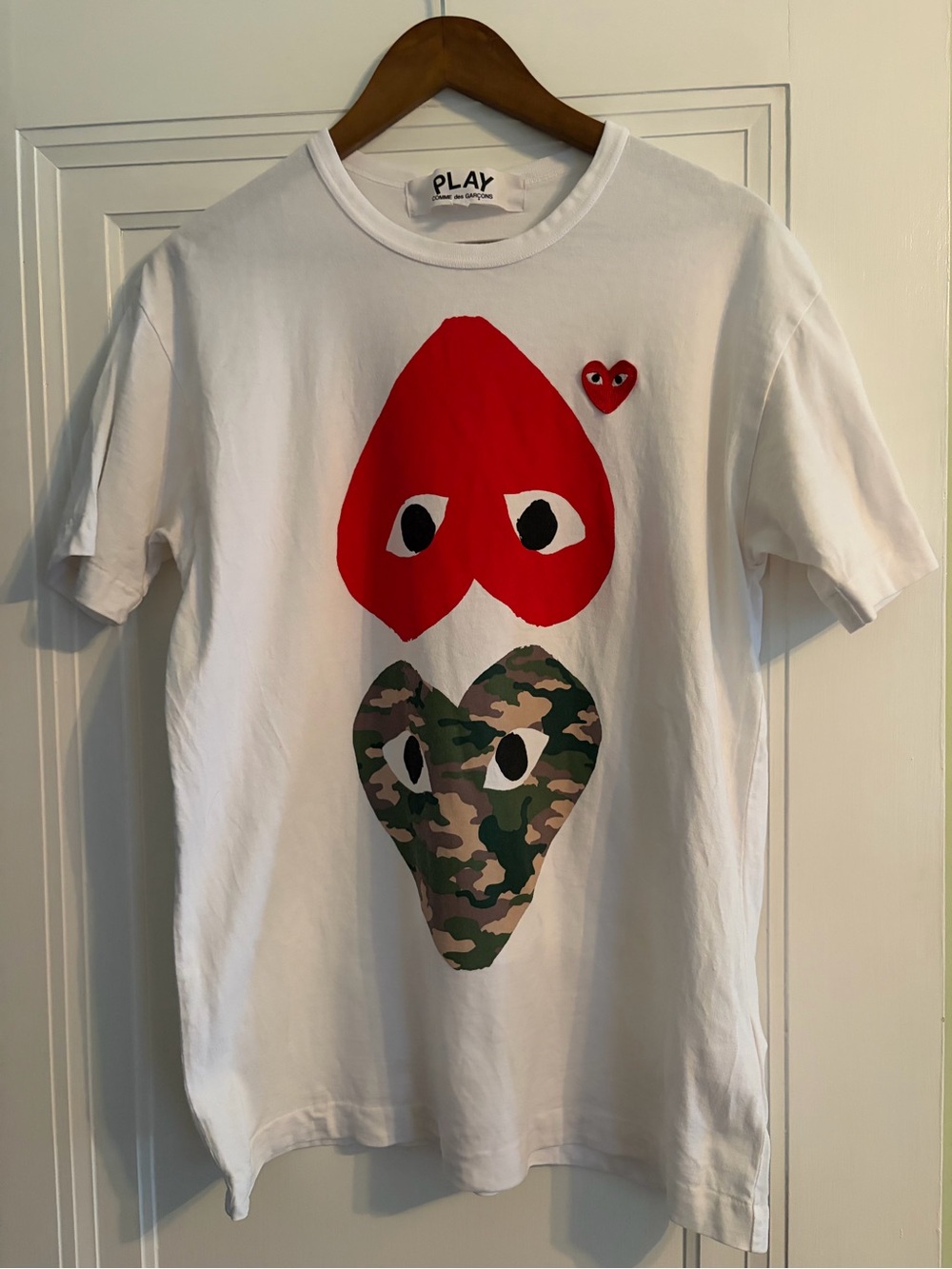 Comme des Garcons PLAY White Tee with Red Heart and Camouflage Heart Graphics